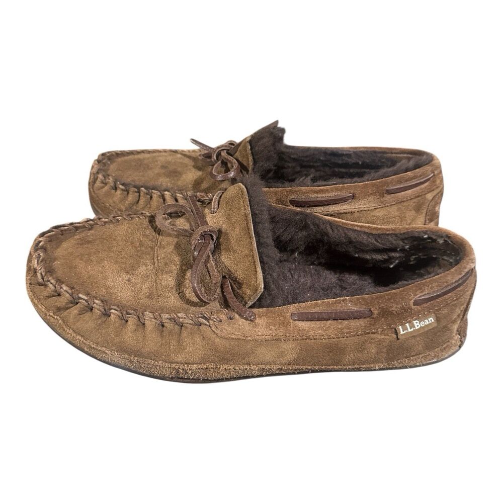 L.L. Bean Slippers Men’s Size 8M Wicked Good Moccasin Brown Suede Lamb Fur